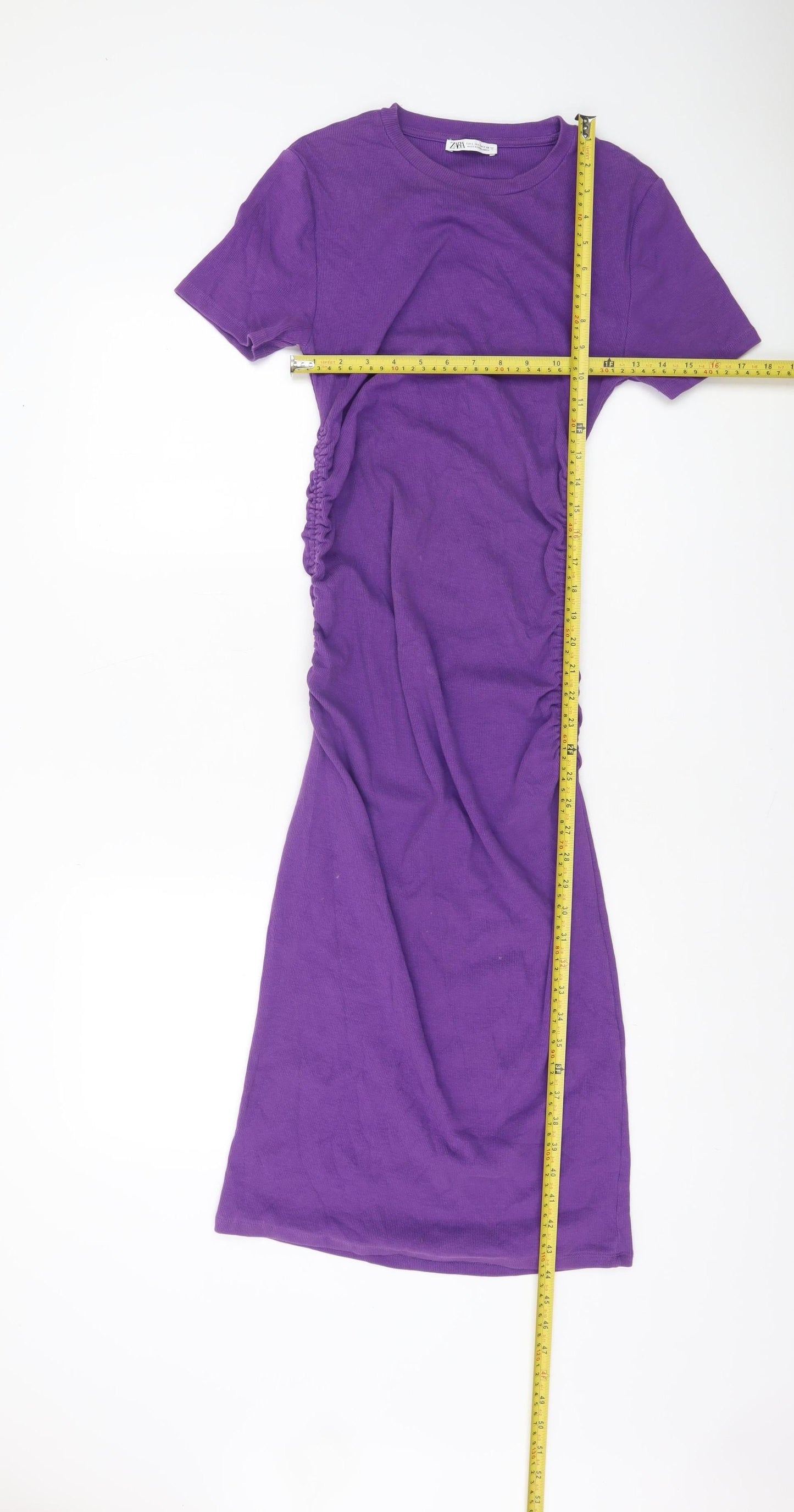 Zara Women Purple T-Shirt Dress L Short Sleeve Ruched Casual