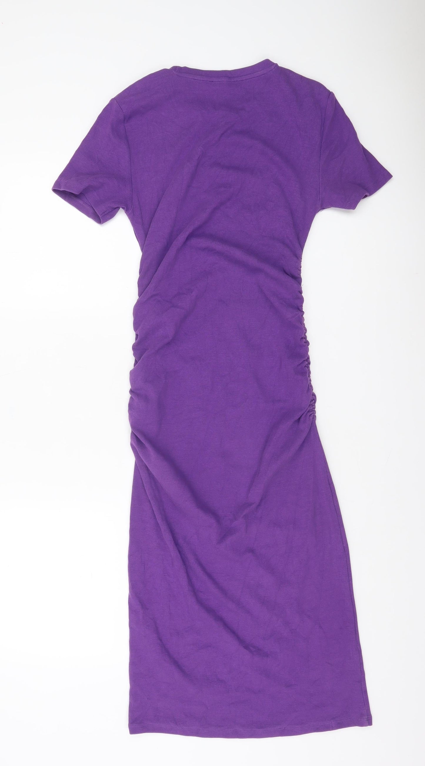 Zara Women Purple T-Shirt Dress L Short Sleeve Ruched Casual