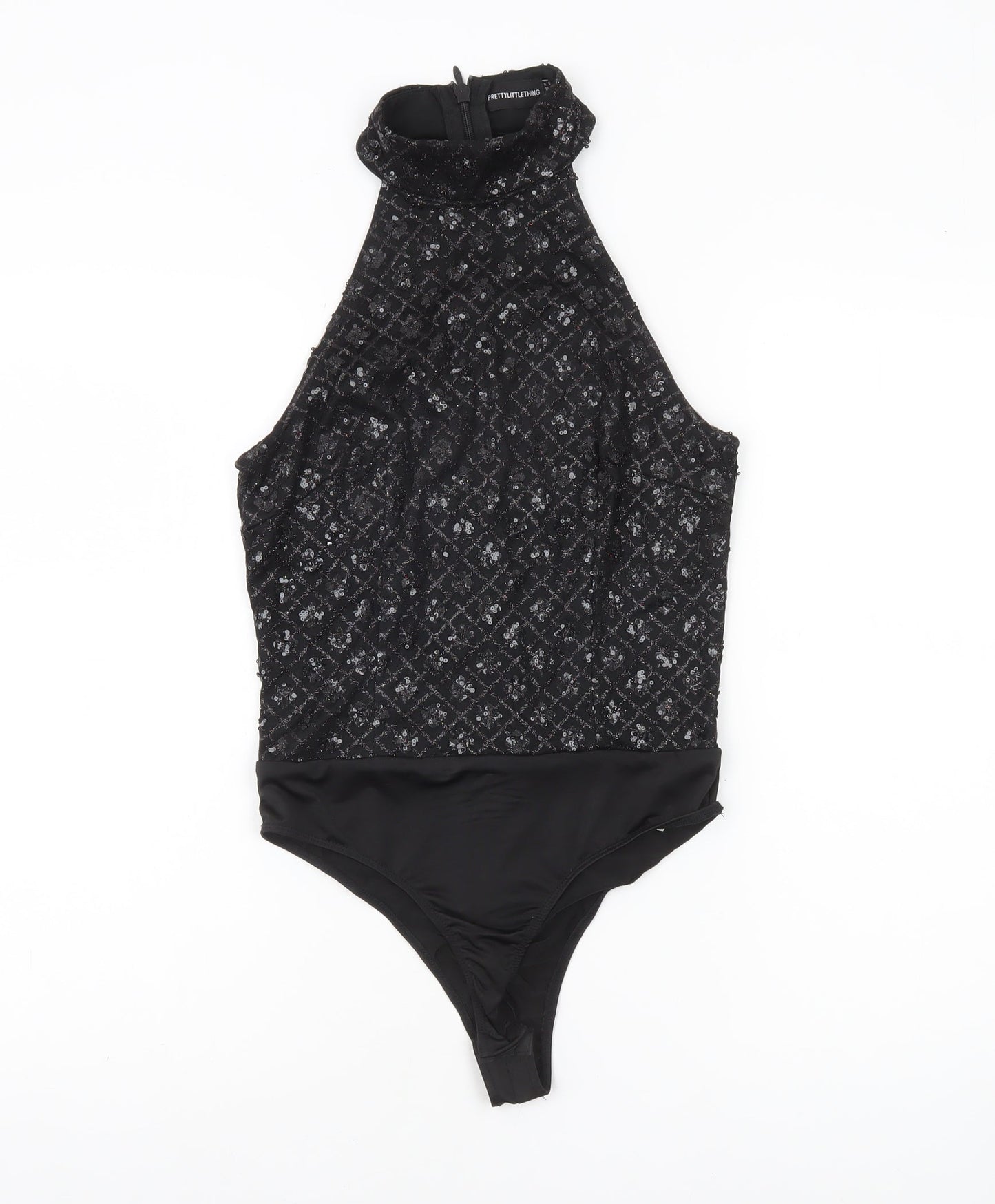 PrettyLittleThing Womens Black Sequin Halter Bodysuit UK 8