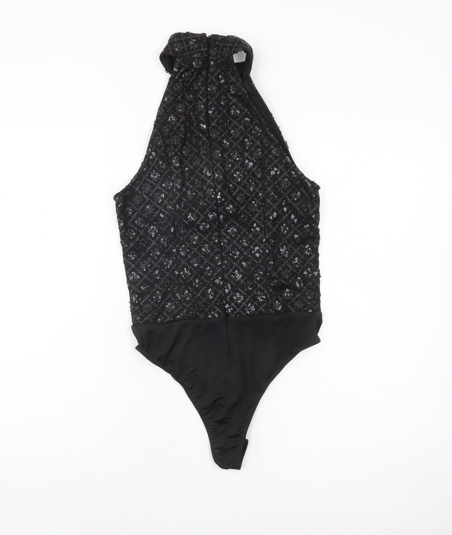 PrettyLittleThing Womens Black Sequin Halter Bodysuit UK 8