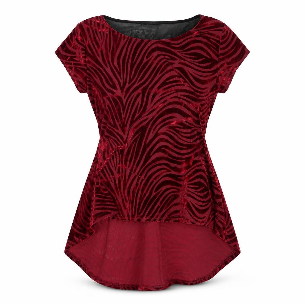 KIAH Women's Red Velvet Animal Print Tunic Blouse S Short Sleeve