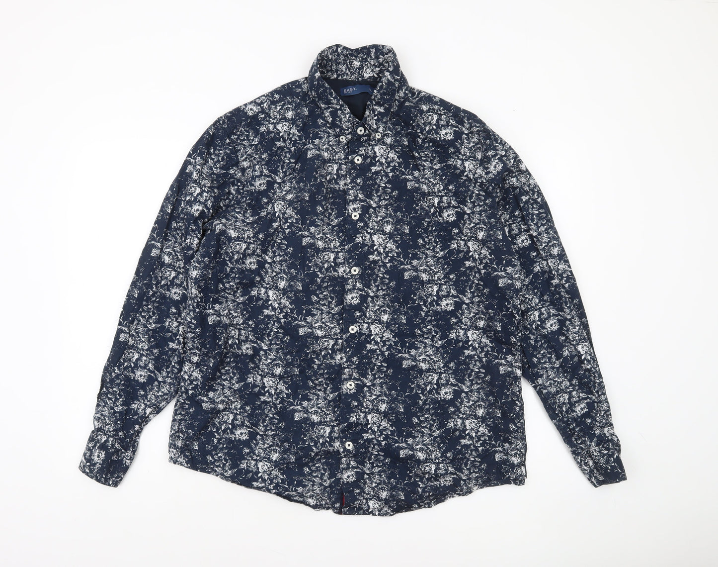 EASY Men's Blue Floral Long Sleeve Button-Up Shirt XL