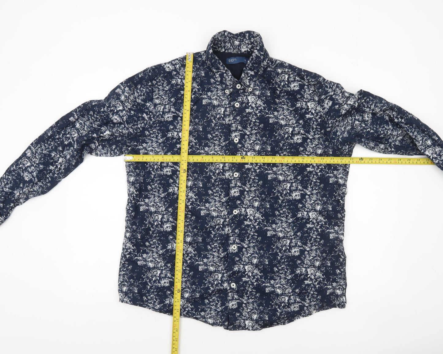 EASY Men's Blue Floral Long Sleeve Button-Up Shirt XL