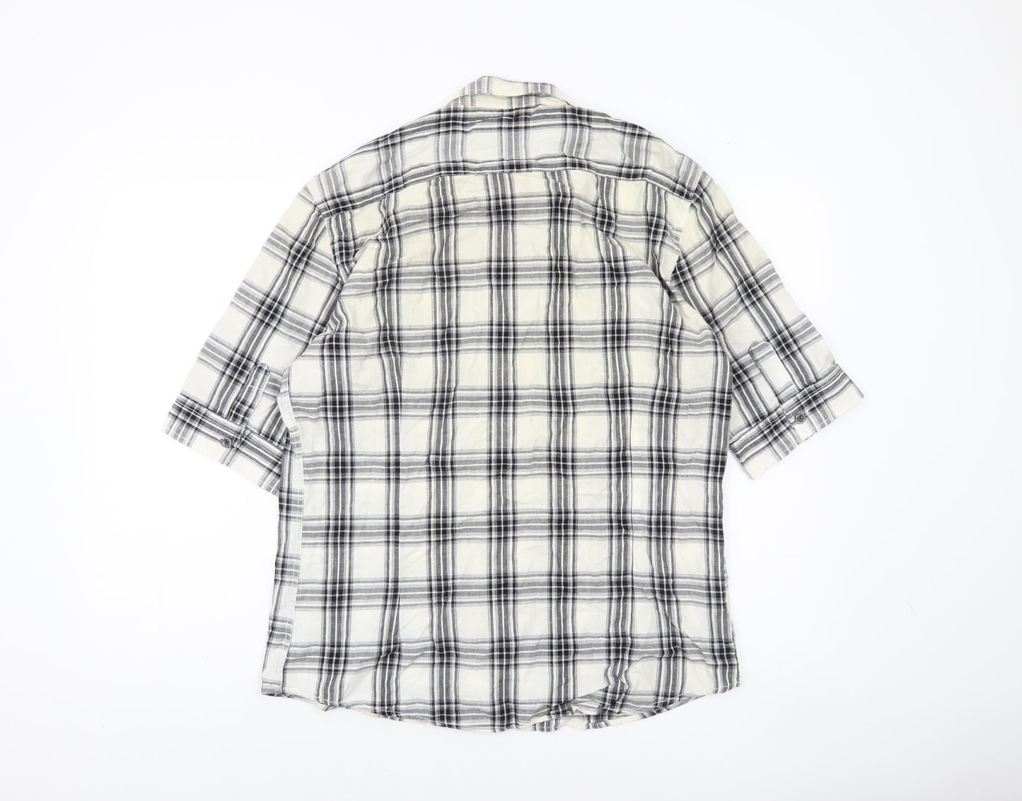River Island Men's Black Check Button-Up Shirt 3/4 Sleeve Size L