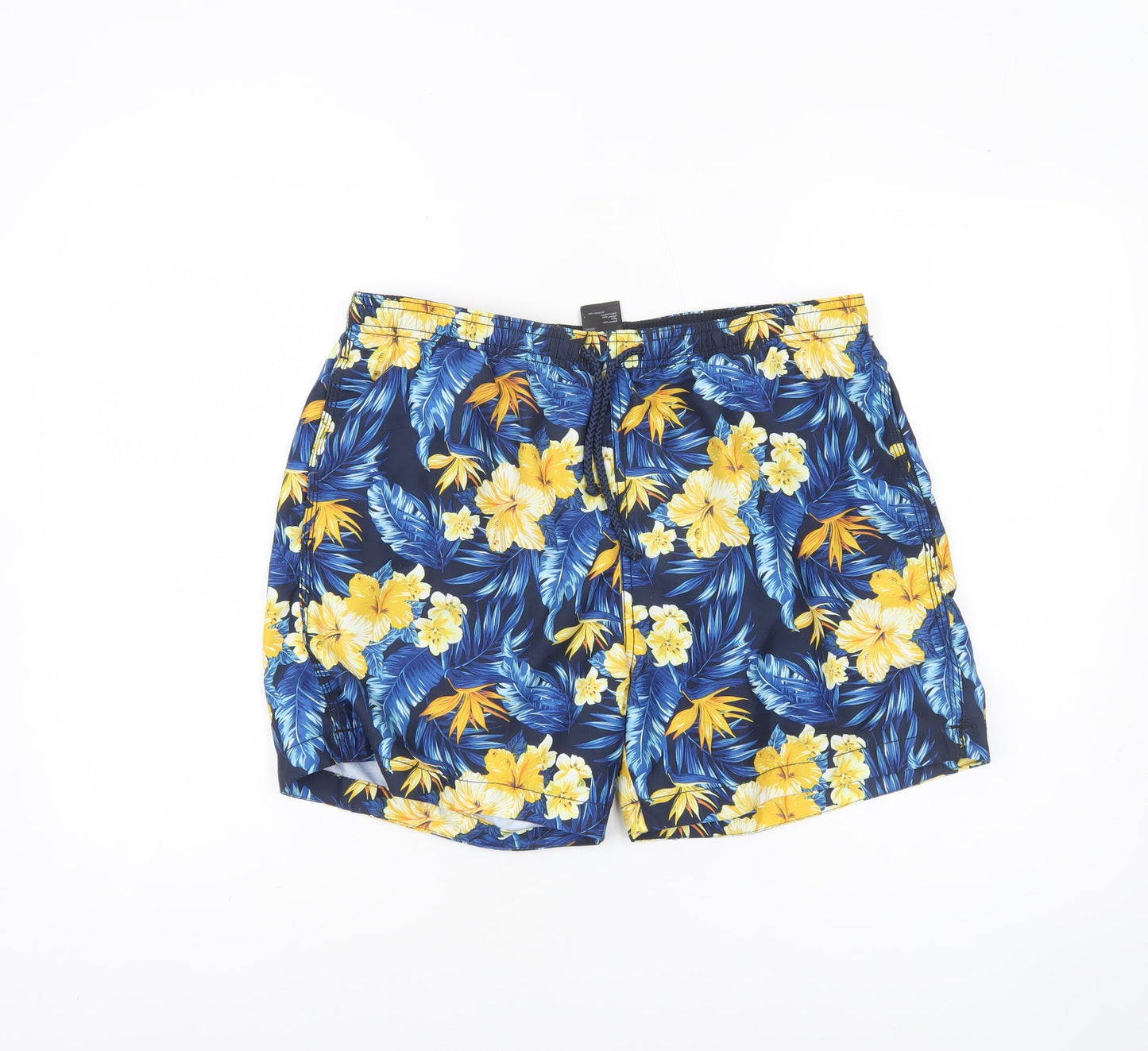H&M Men's Blue Hawaiian Floral Swim Shorts M Quick Dry Lined