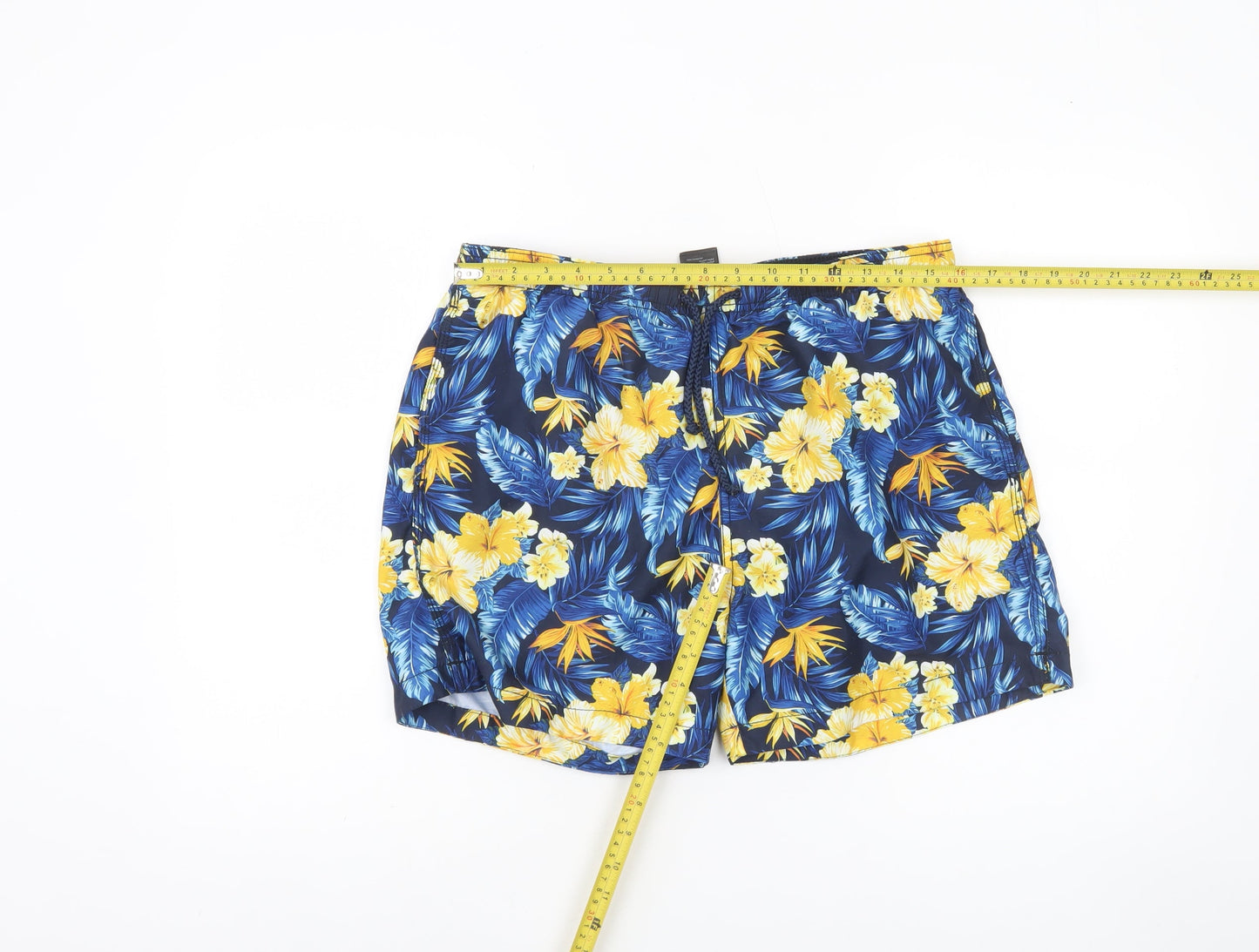 H&M Men's Blue Hawaiian Floral Swim Shorts M Quick Dry Lined