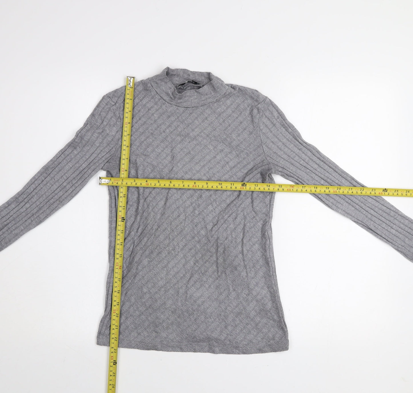 Mango Women Grey Mock Neck Long Sleeve Ribbed Basic Top Size 10