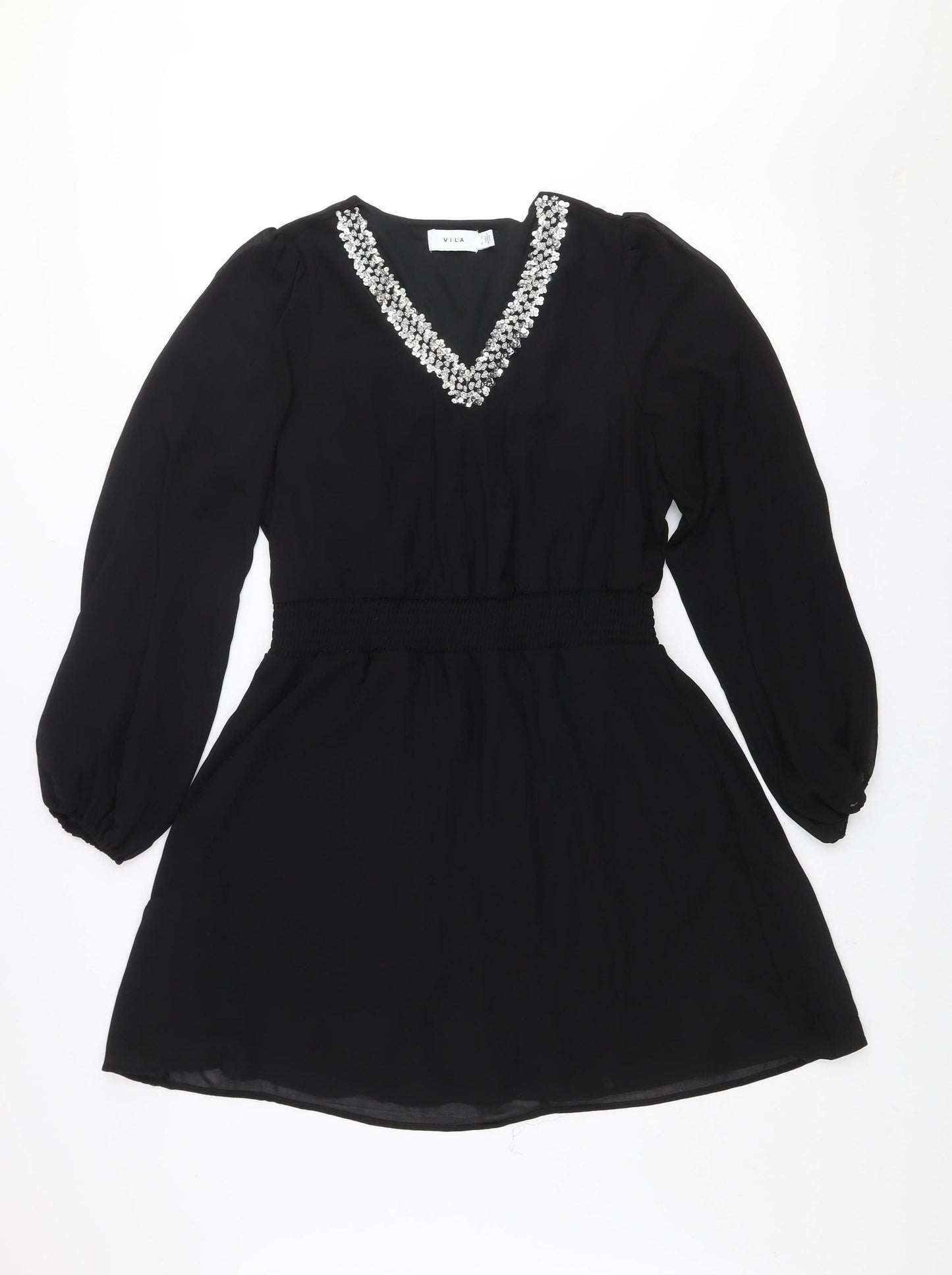 Vila Women's Black A-Line Long Sleeve Beaded V-Neck Short Dress Size 8