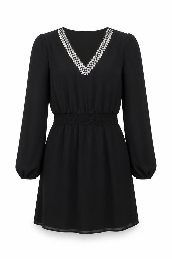 Vila Women's Black A-Line Long Sleeve Beaded V-Neck Short Dress Size 8