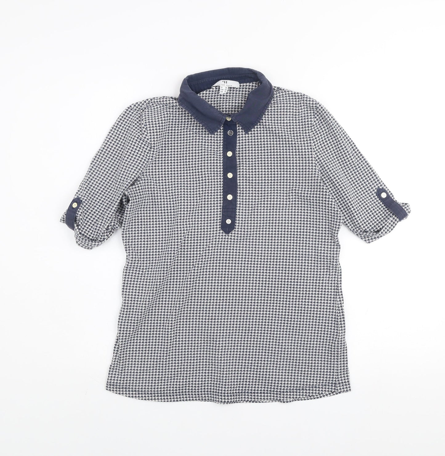 Peter Hahn Women Blue Houndstooth Collared Button-Up Shirt Size 12