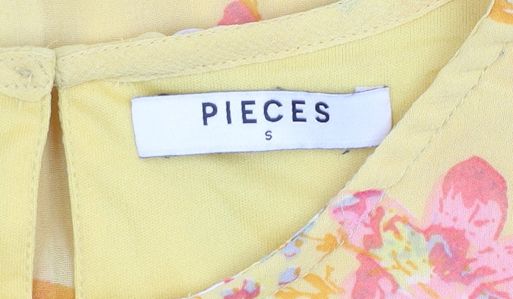 Pieces Women's Yellow Floral Short Sleeve Polyester Blouse Size S