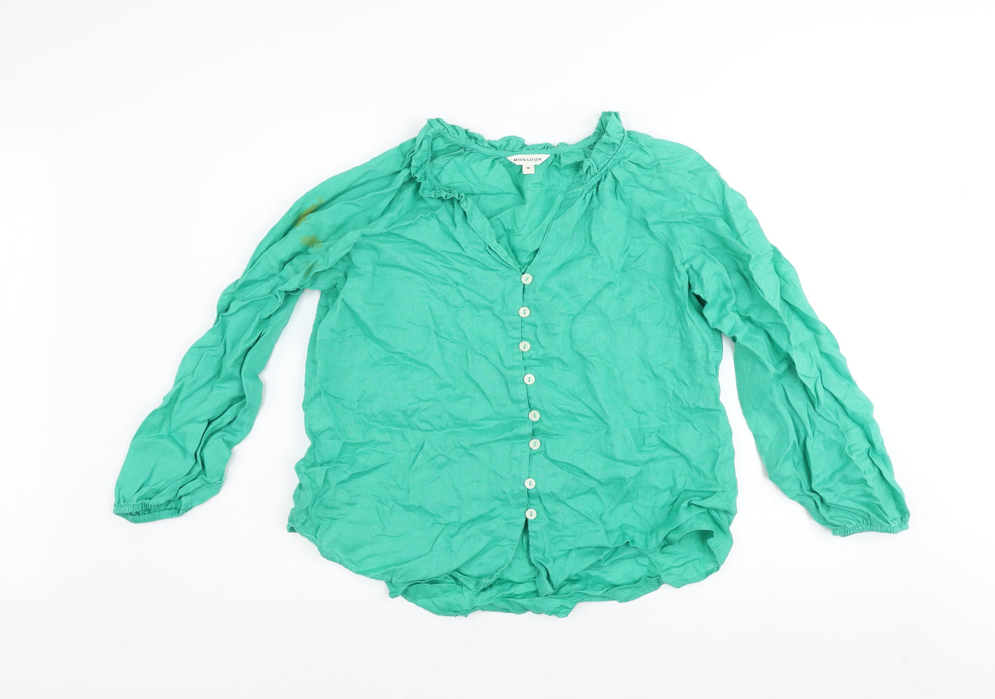 Monsoon Women’s Green Linen Long Sleeve Button Blouse Size M