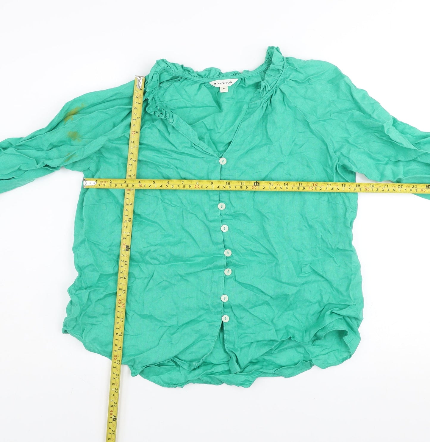 Monsoon Women’s Green Linen Long Sleeve Button Blouse Size M