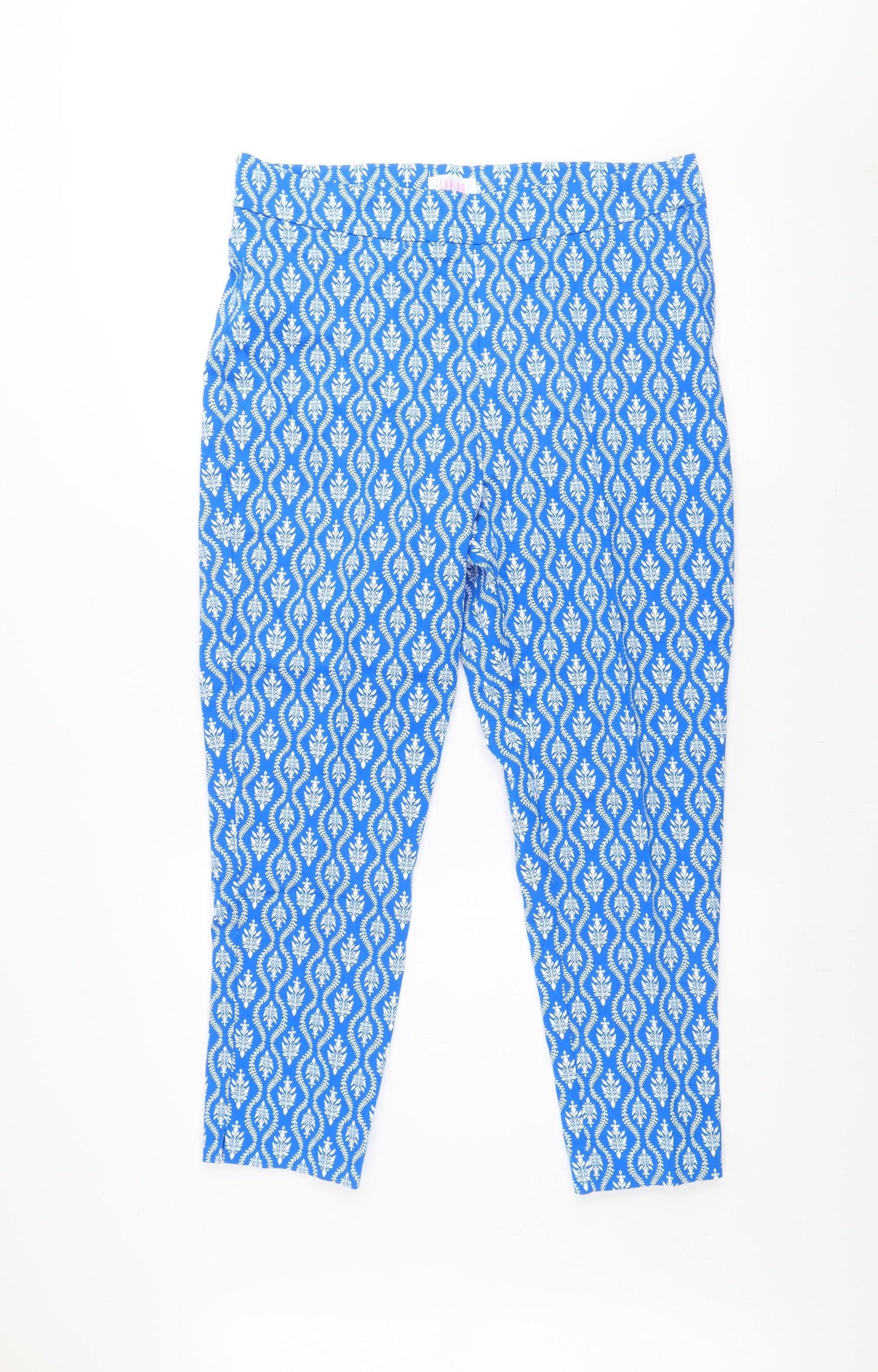 Savida Womens Blue Floral Cropped Cotton Blend Trousers Size 14