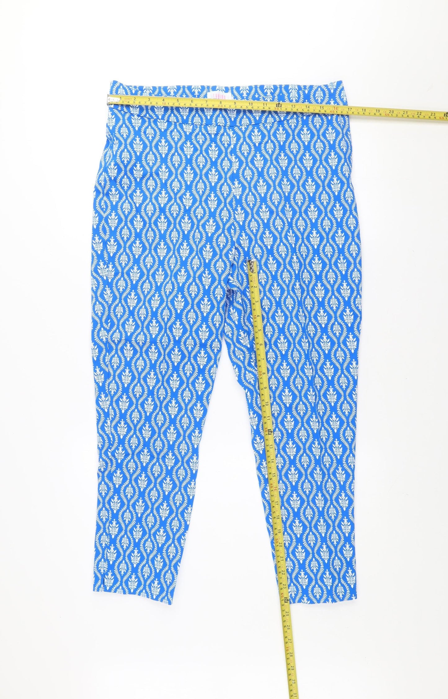 Savida Womens Blue Floral Cropped Cotton Blend Trousers Size 14