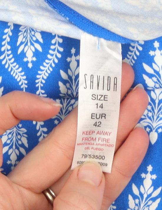 Savida Womens Blue Floral Cropped Cotton Blend Trousers Size 14