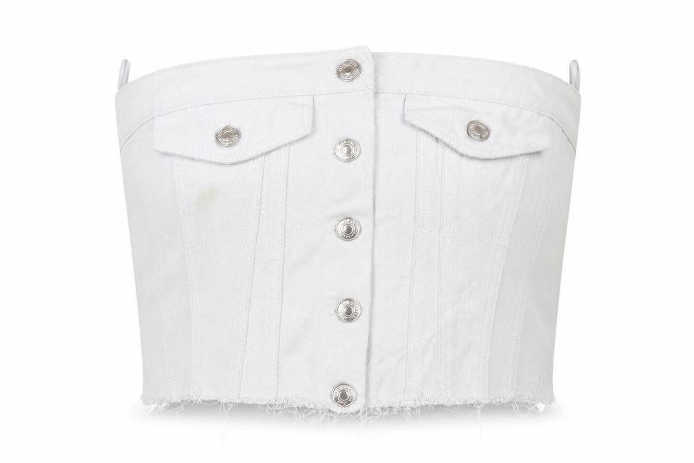 ZARA Women White Cropped Denim Button Strapless Blouse XS