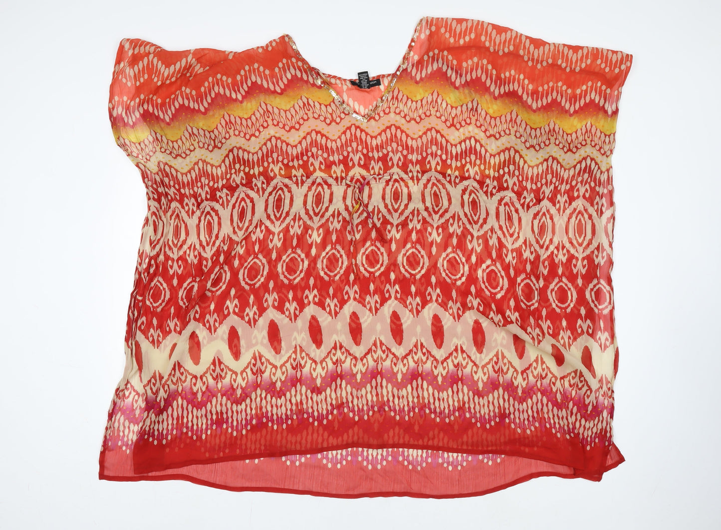 Club Z Collection Women Red Geometric Sheer Tunic Blouse Size L