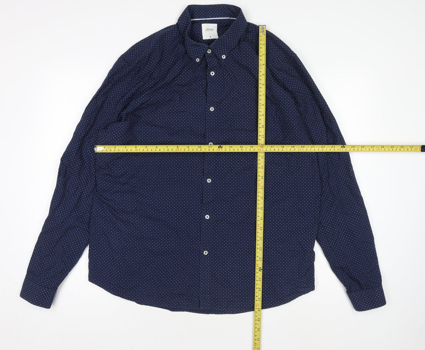 Burton Menswear London Men's Blue Geometric Button-Down Long Sleeve Cotton Shirt XL