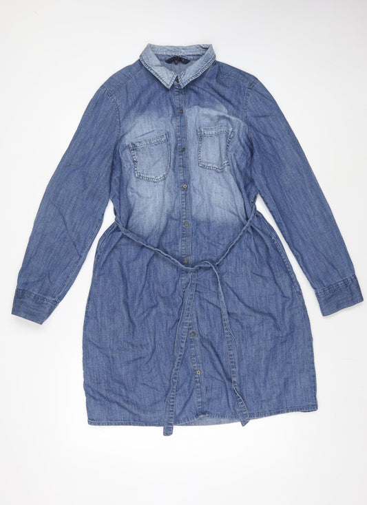 BLUE 73 Women's Blue Knee Length Denim Shirt Dress Size 14