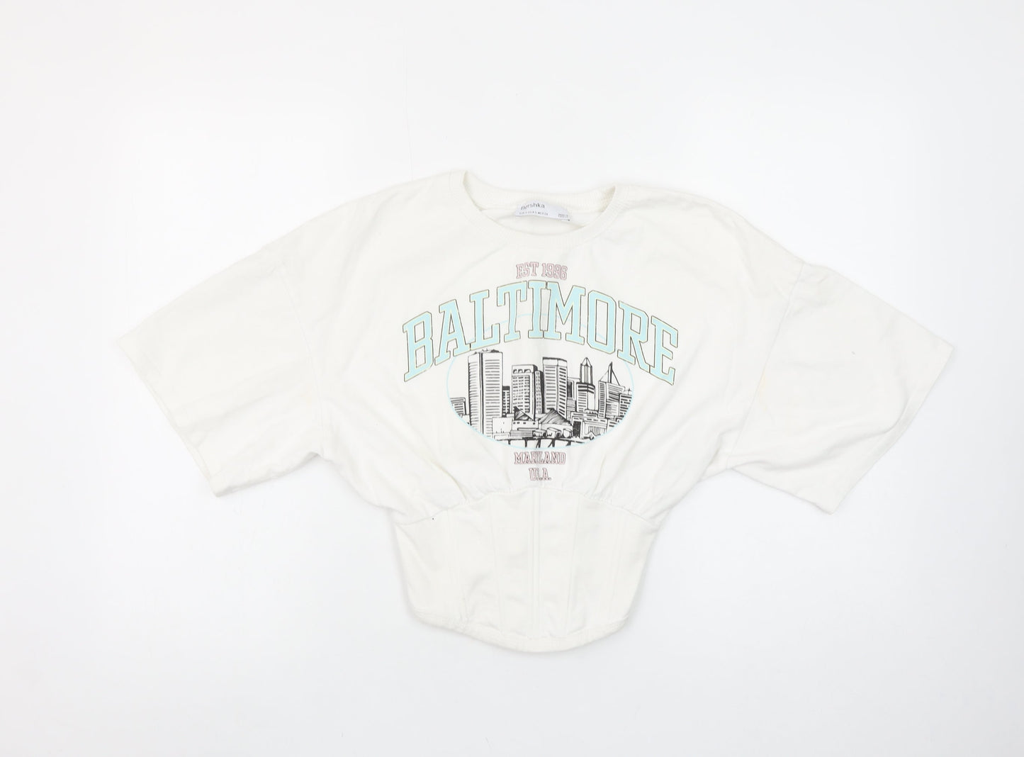 Bershka Womens White Cropped Baltimore Short Sleeve T-Shirt Size S