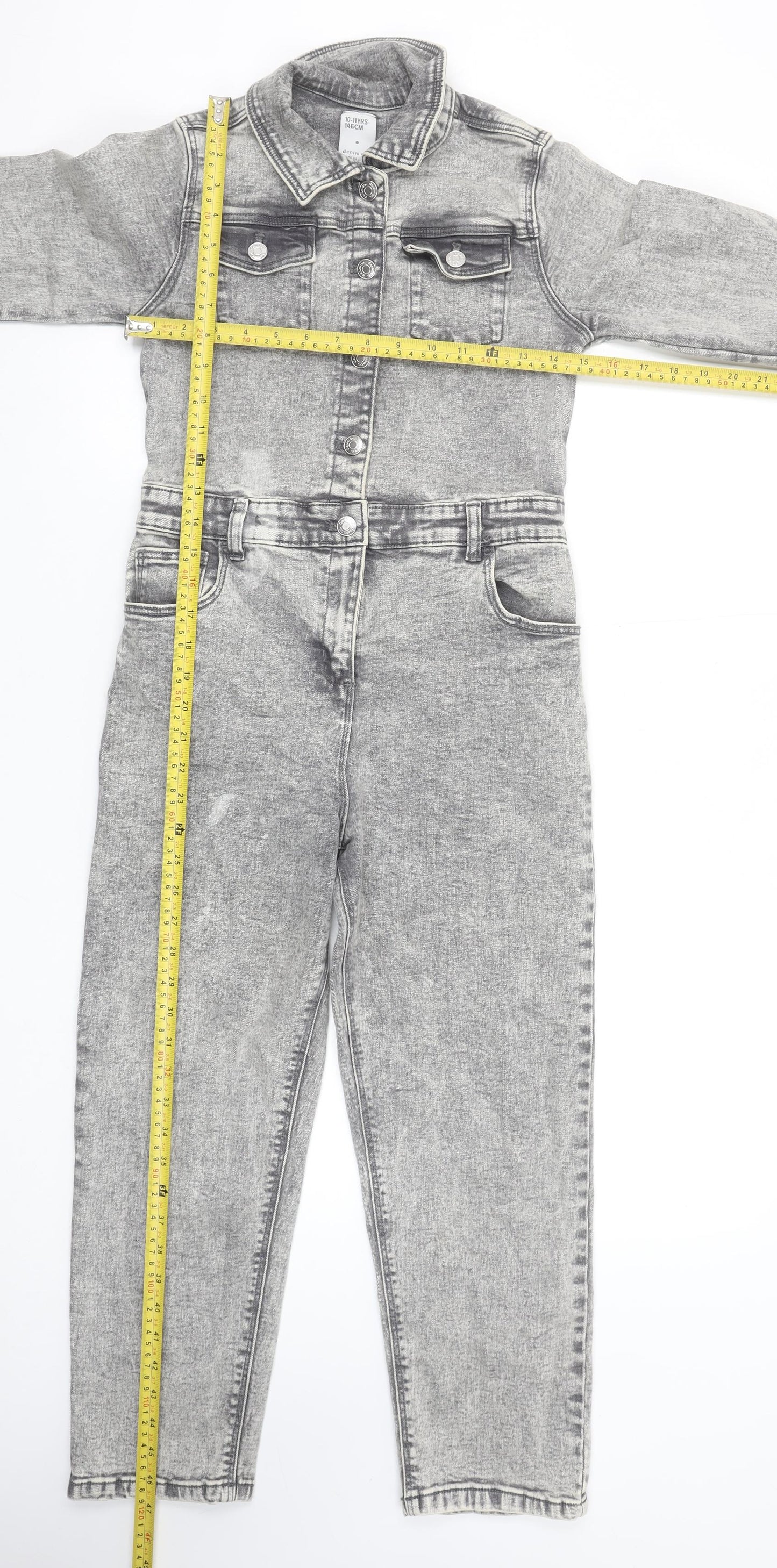 Denim Co Girls Grey Denim Long Sleeve Jumpsuit 10-11 Years Casual Style