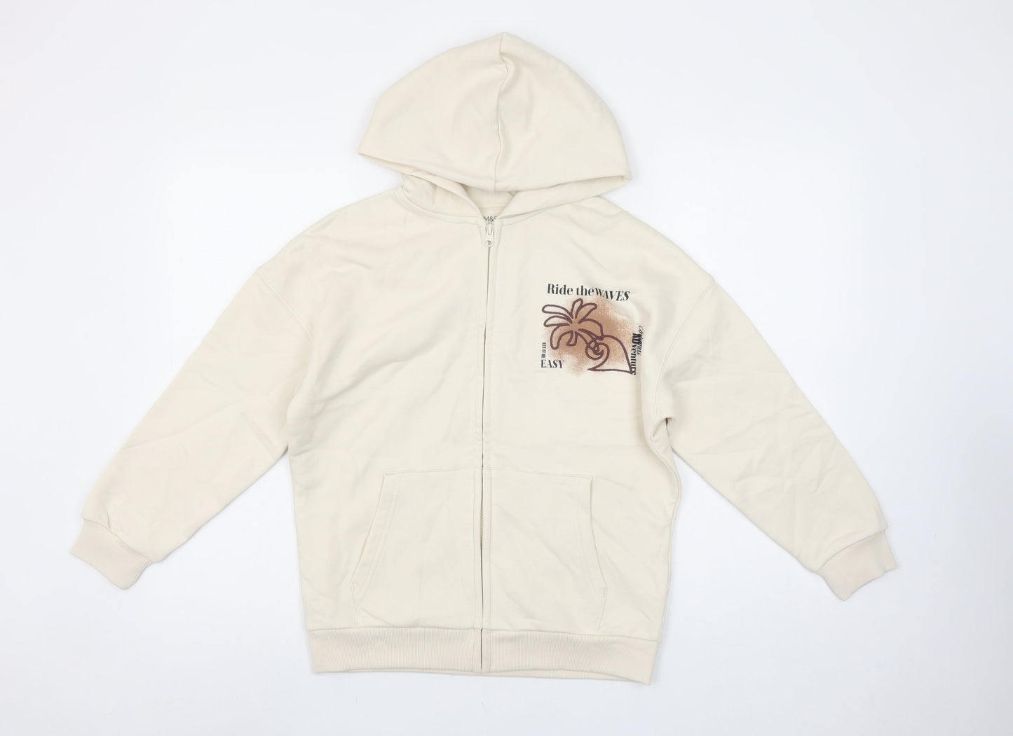 Marks and Spencer Girls Beige Full Zip Hoodie 10-11 Years Ride the Waves Graphic