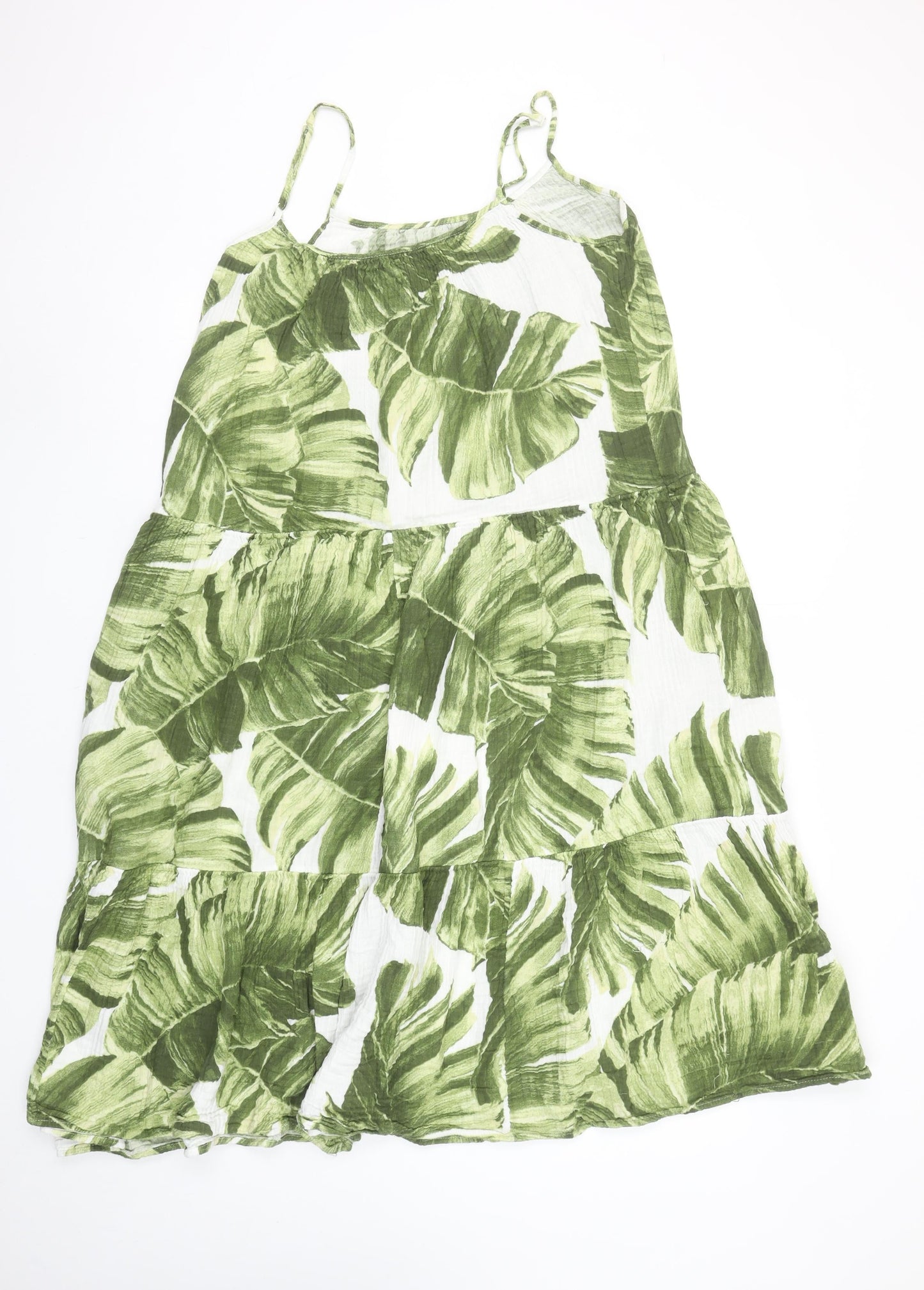 H&M Women’s Green Tropical Leaf Print Cotton Midi Slip Dress Size S