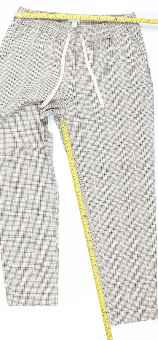 H&M Women Beige Check Drawstring Trousers Size 12 Regular Fit