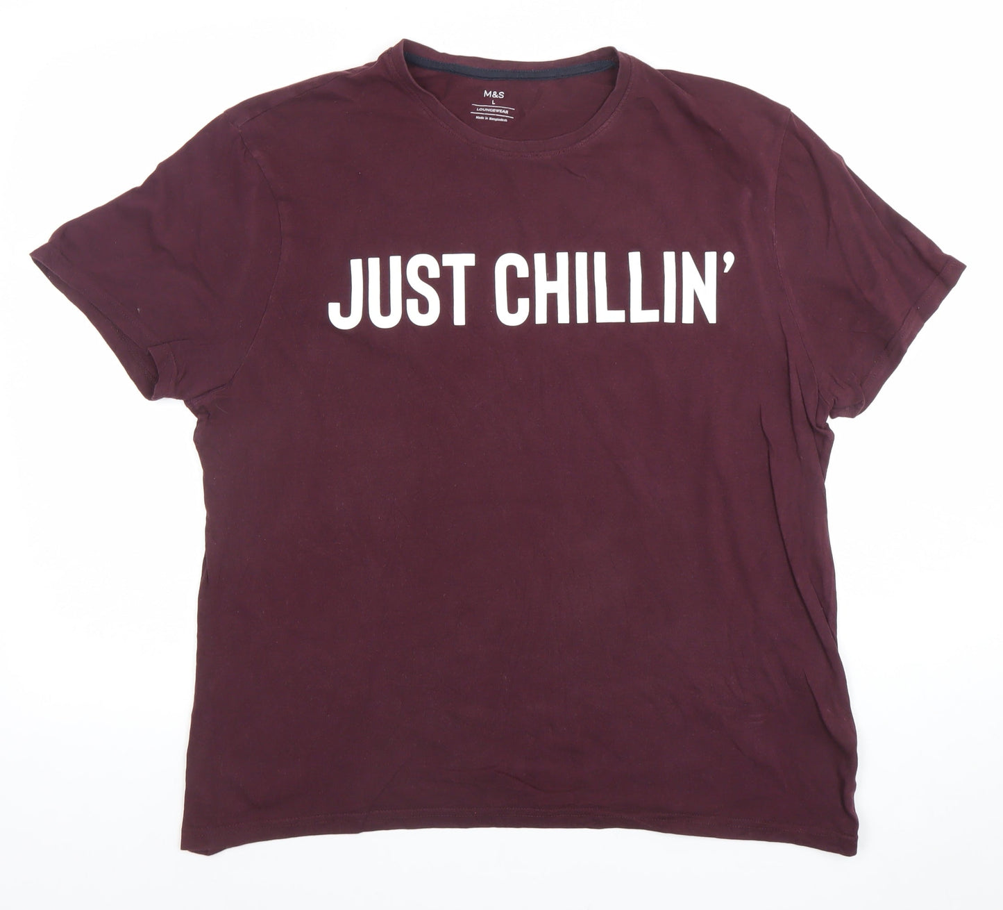 Marks and Spencer Men's Burgundy Graphic 'Just Chillin’' Cotton T-Shirt Size L