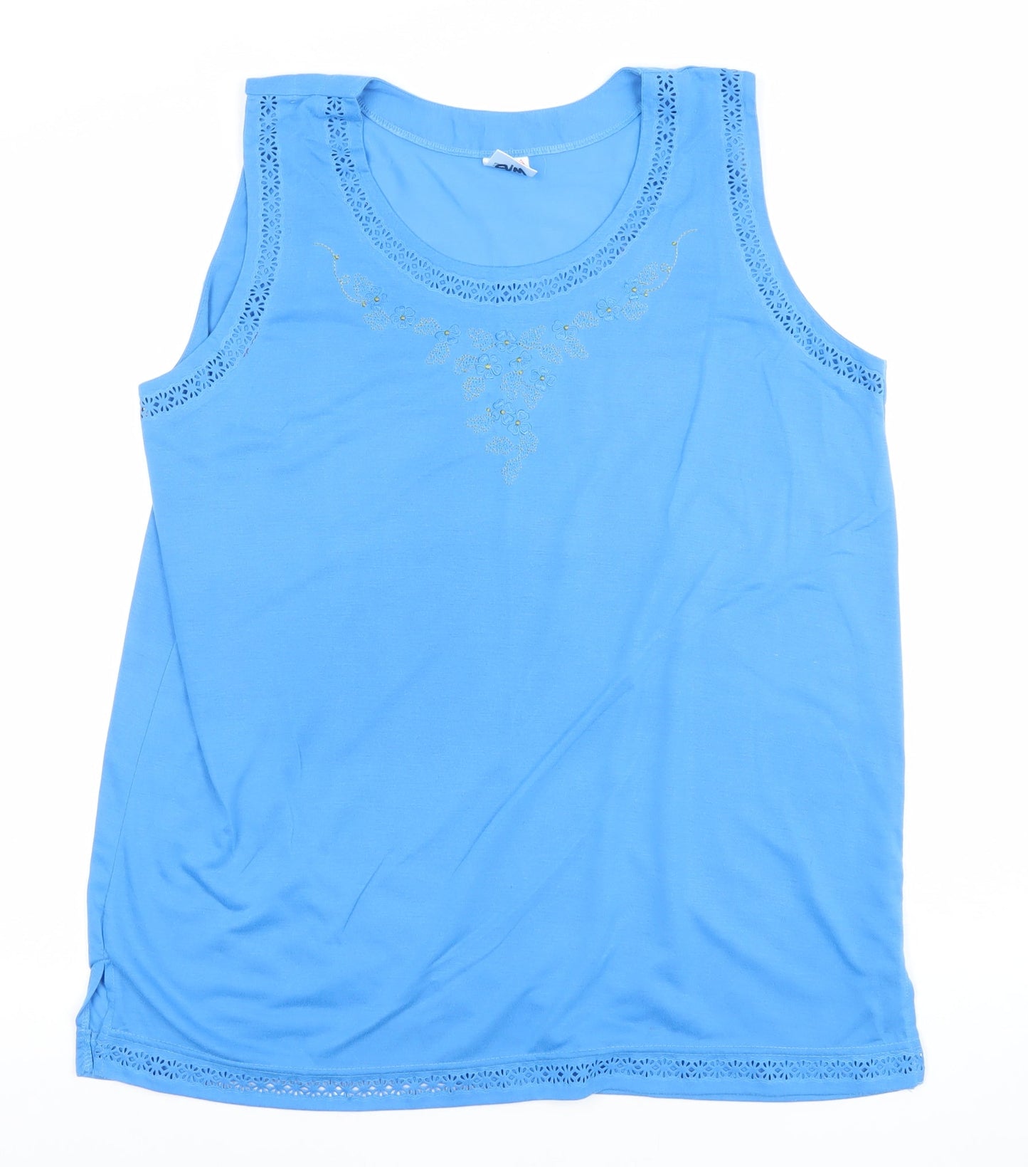 Donna Womens Blue 2XL Sleeveless Embroidered Cotton Blend Tank Top