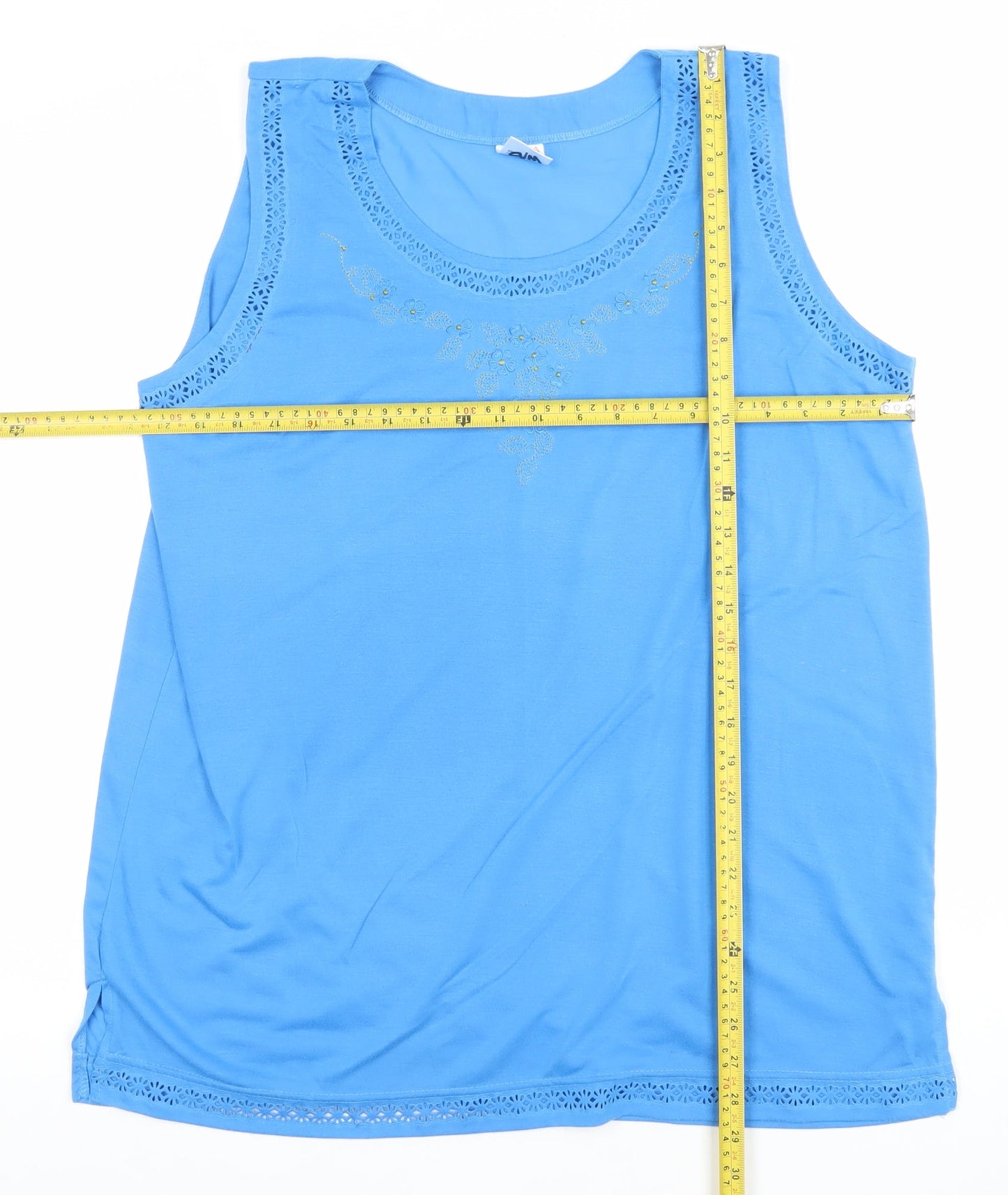 Donna Womens Blue 2XL Sleeveless Embroidered Cotton Blend Tank Top