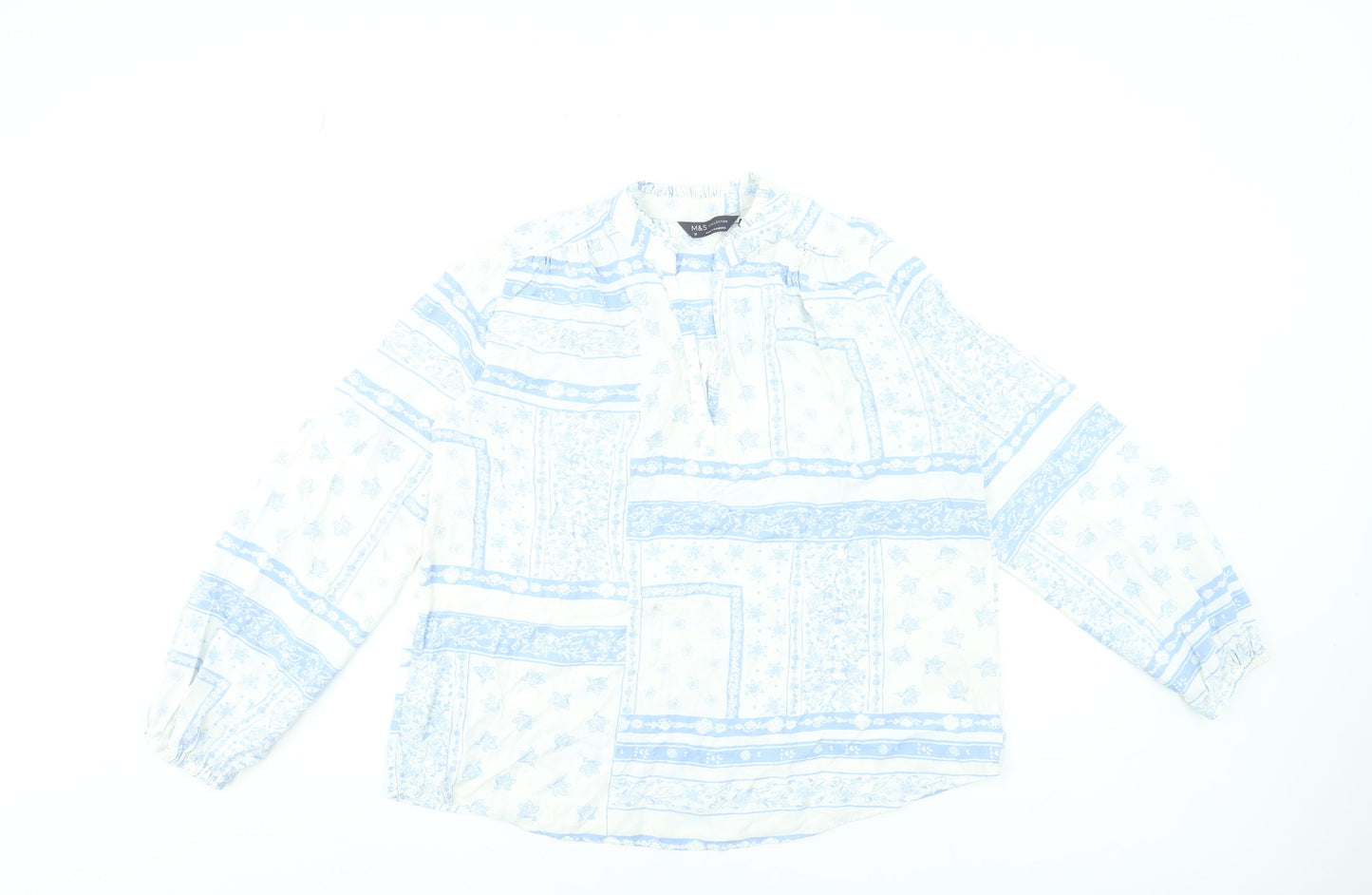 Marks and Spencer Women’s White Blue Viscose Long Sleeve Tunic Blouse Size 10