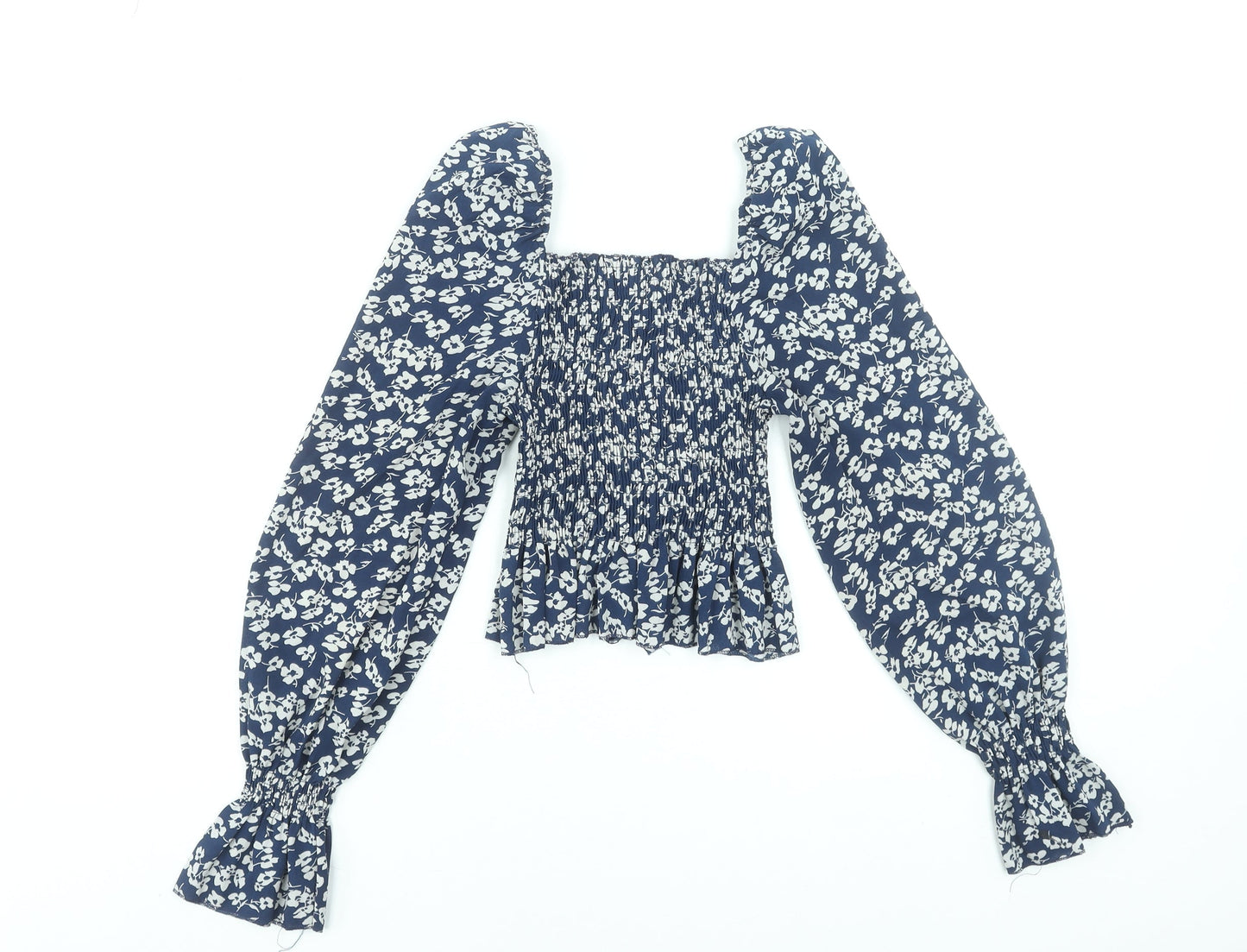 Jolio & Co Women's Blue Floral Cropped Blouse Size S Long Puff Sleeve