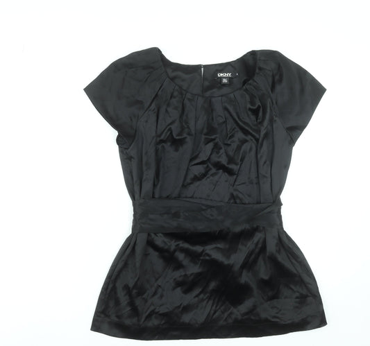DKNY Women’s Black Silk Wrap Blouse Size 8 Short Sleeve Satin Top