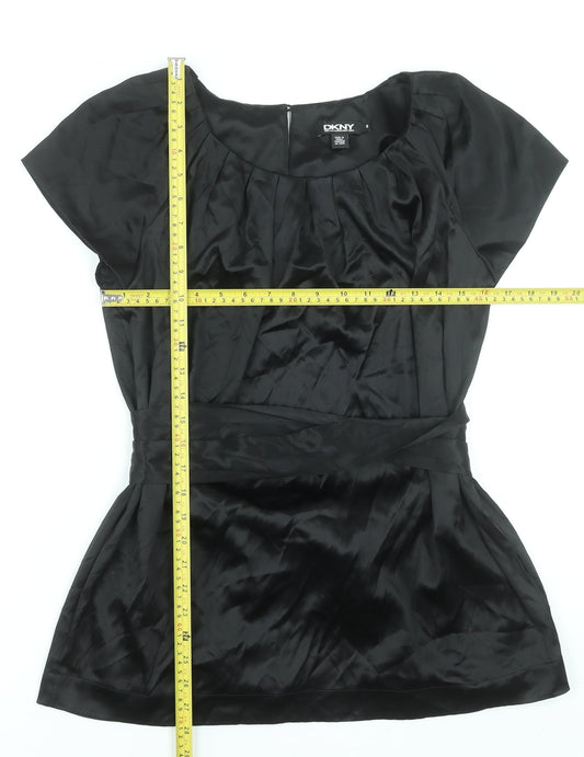DKNY Women’s Black Silk Wrap Blouse Size 8 Short Sleeve Satin Top