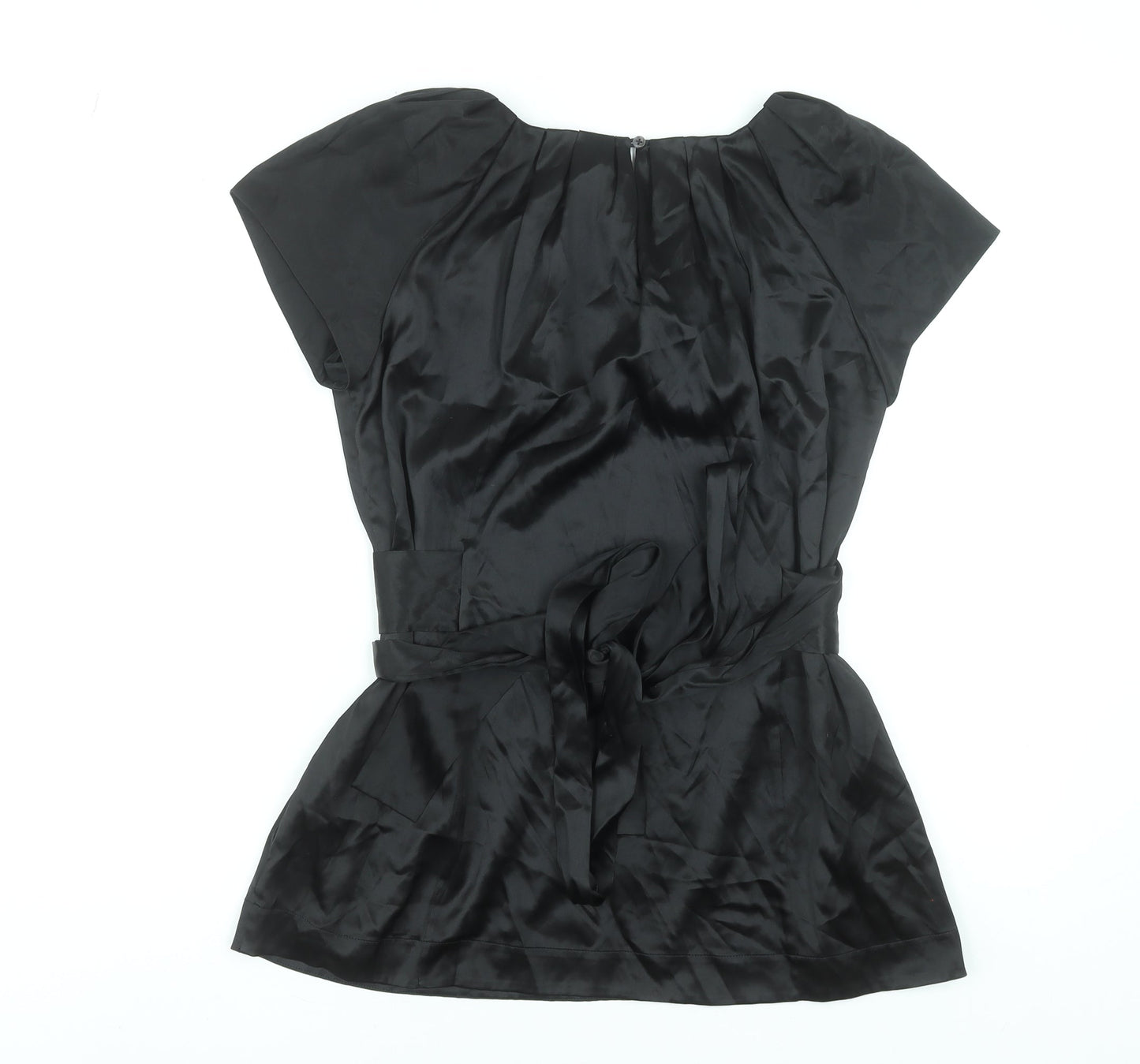 DKNY Women’s Black Silk Wrap Blouse Size 8 Short Sleeve Satin Top