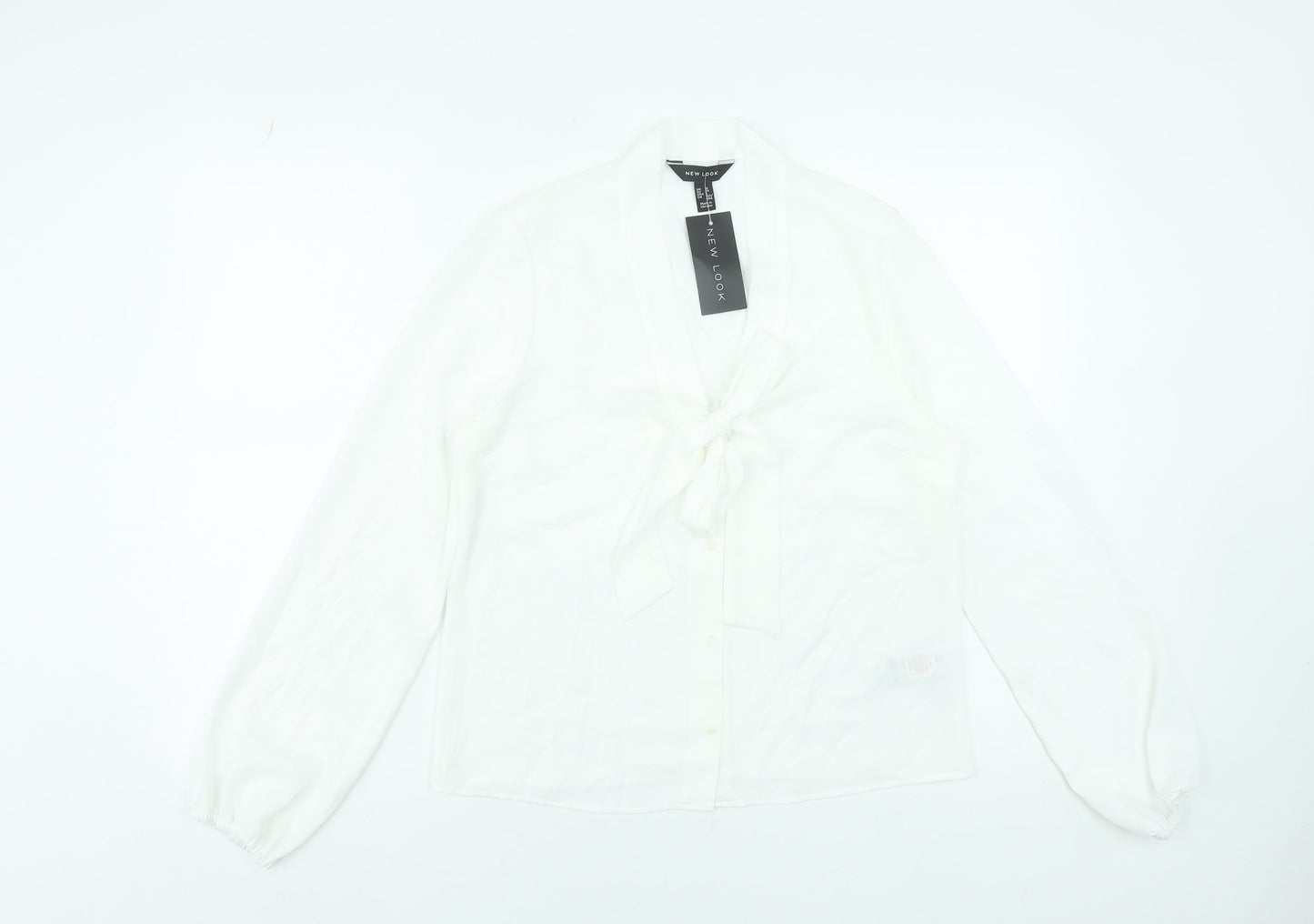 New Look Women White Long Sleeve Tie Neck Blouse UK 10 Polyester