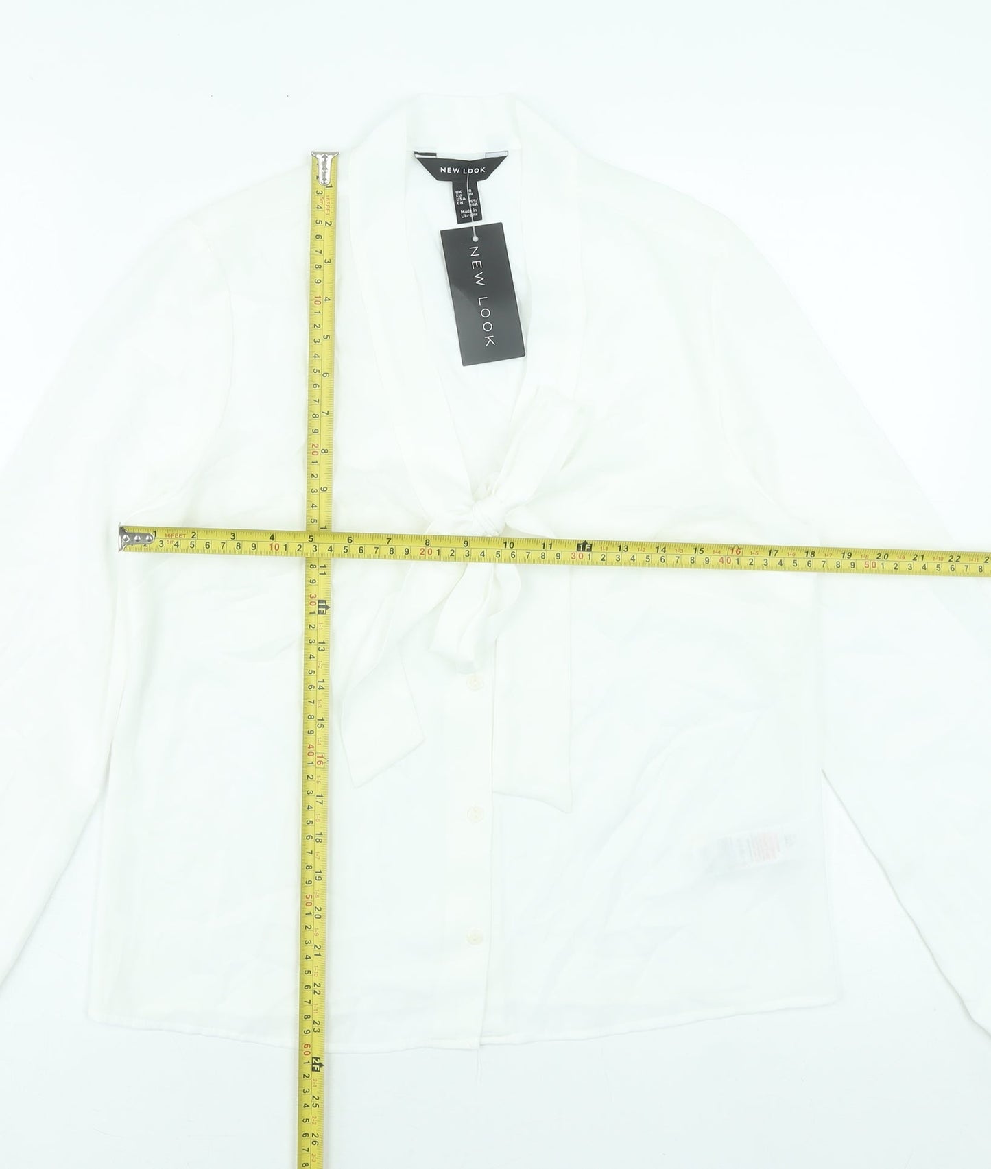New Look Women White Long Sleeve Tie Neck Blouse UK 10 Polyester