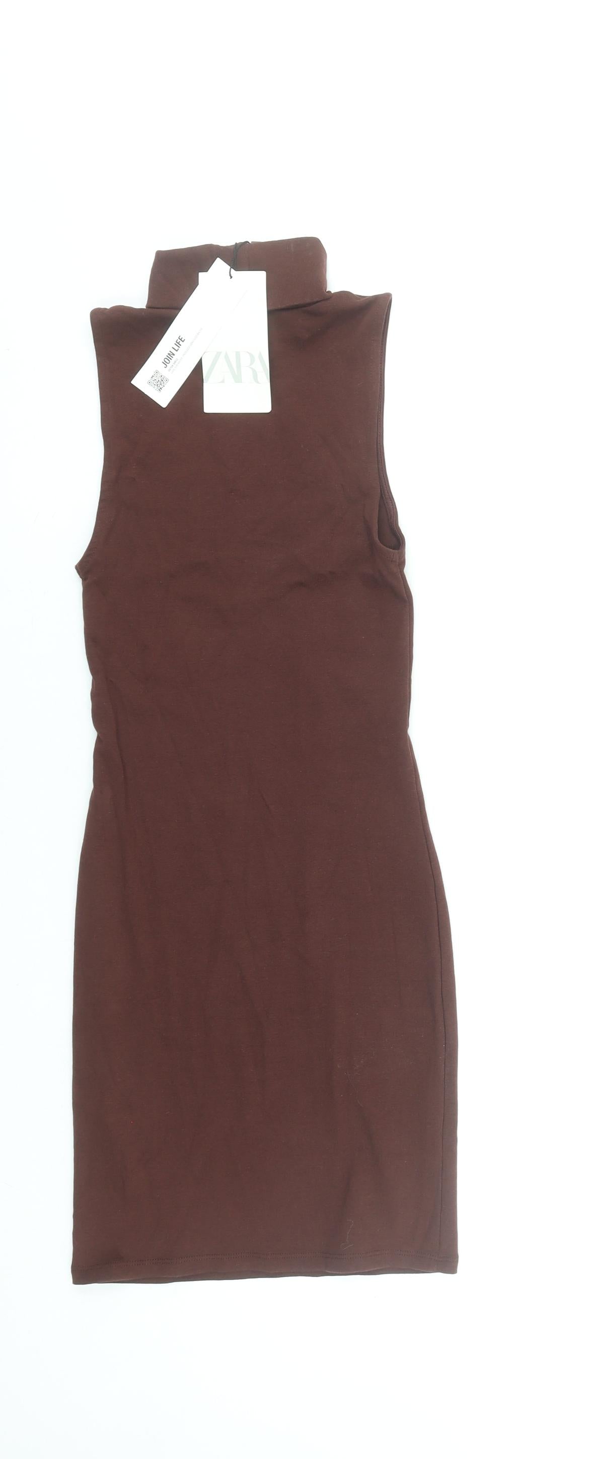 Zara Women Brown Sleeveless Roll Neck Bodycon Knee Length Dress S