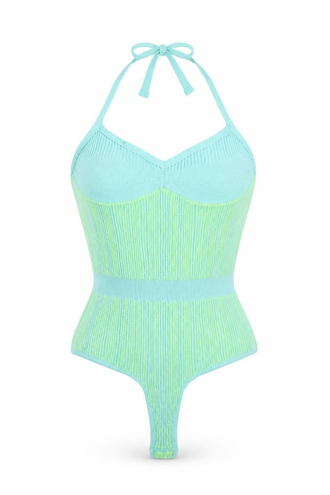 PrettyLittleThing Women Green Knit Halter Bodysuit L Slim Fit Summer