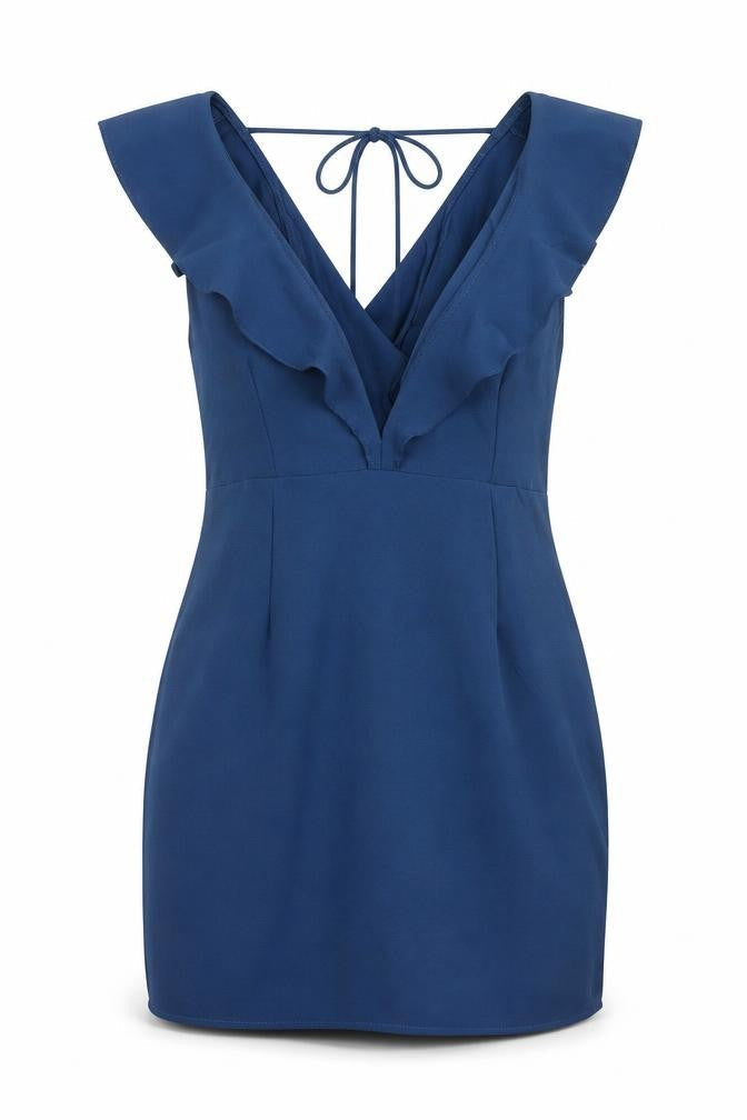 Motel Women’s Blue Short Ruffle V-Neck Bodycon Dress Size S