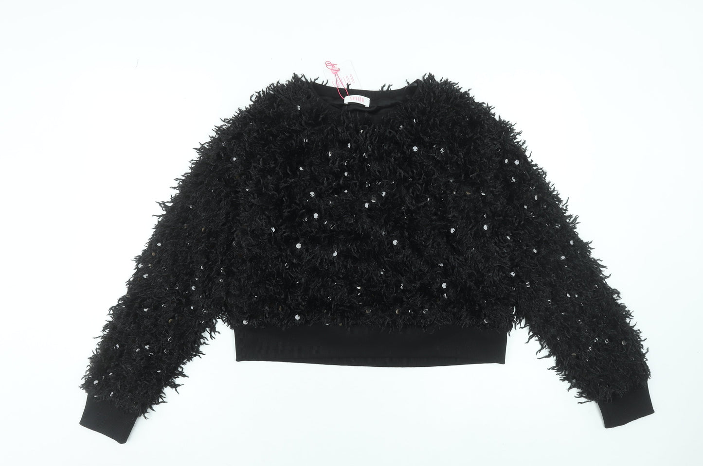 Savida Women Black Sequin Long Sleeve Cropped Jumper Size L