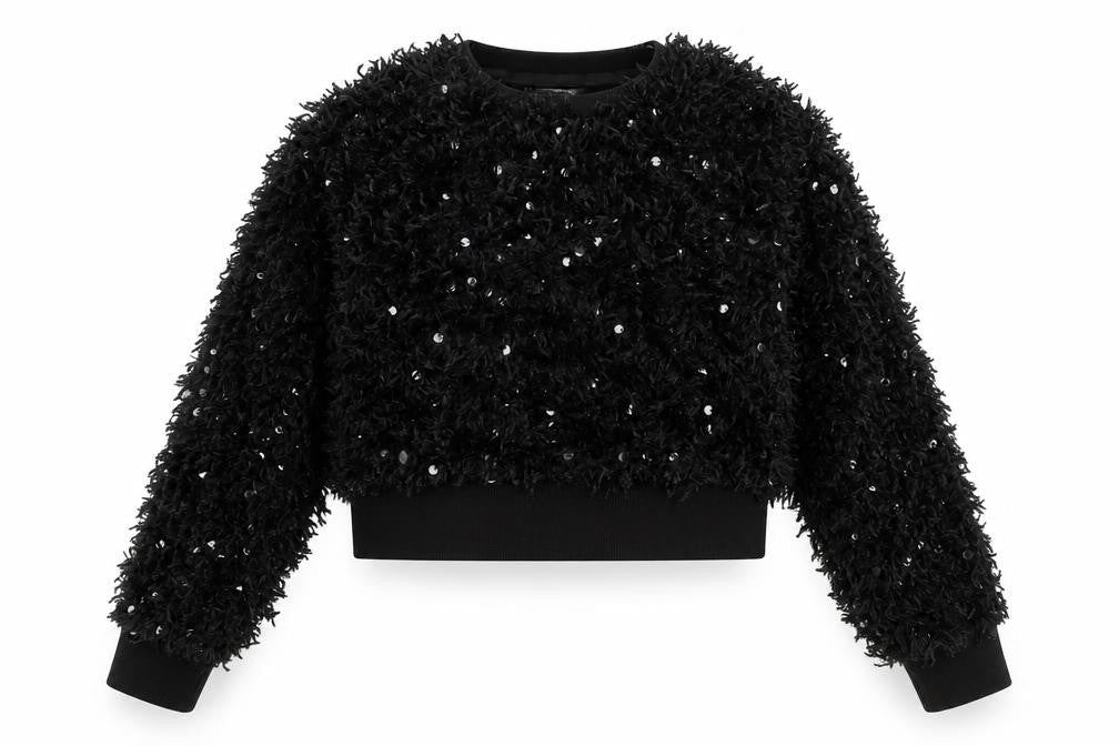 Savida Women Black Sequin Long Sleeve Cropped Jumper Size L