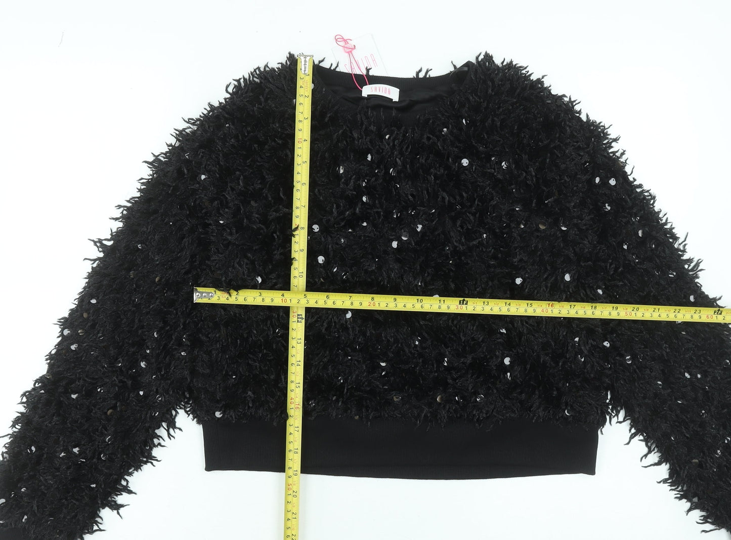 Savida Women Black Sequin Long Sleeve Cropped Jumper Size L