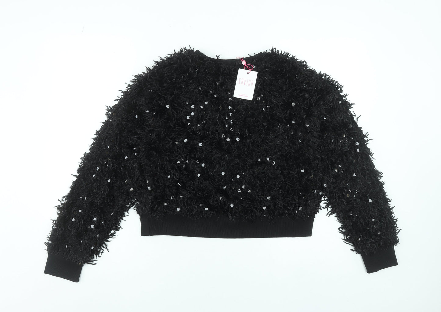 Savida Women Black Sequin Long Sleeve Cropped Jumper Size L