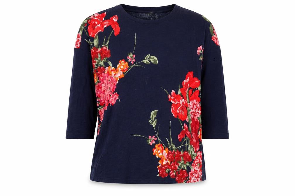 Oasis Women's Navy Floral 3/4 Sleeve Cotton T-Shirt XS