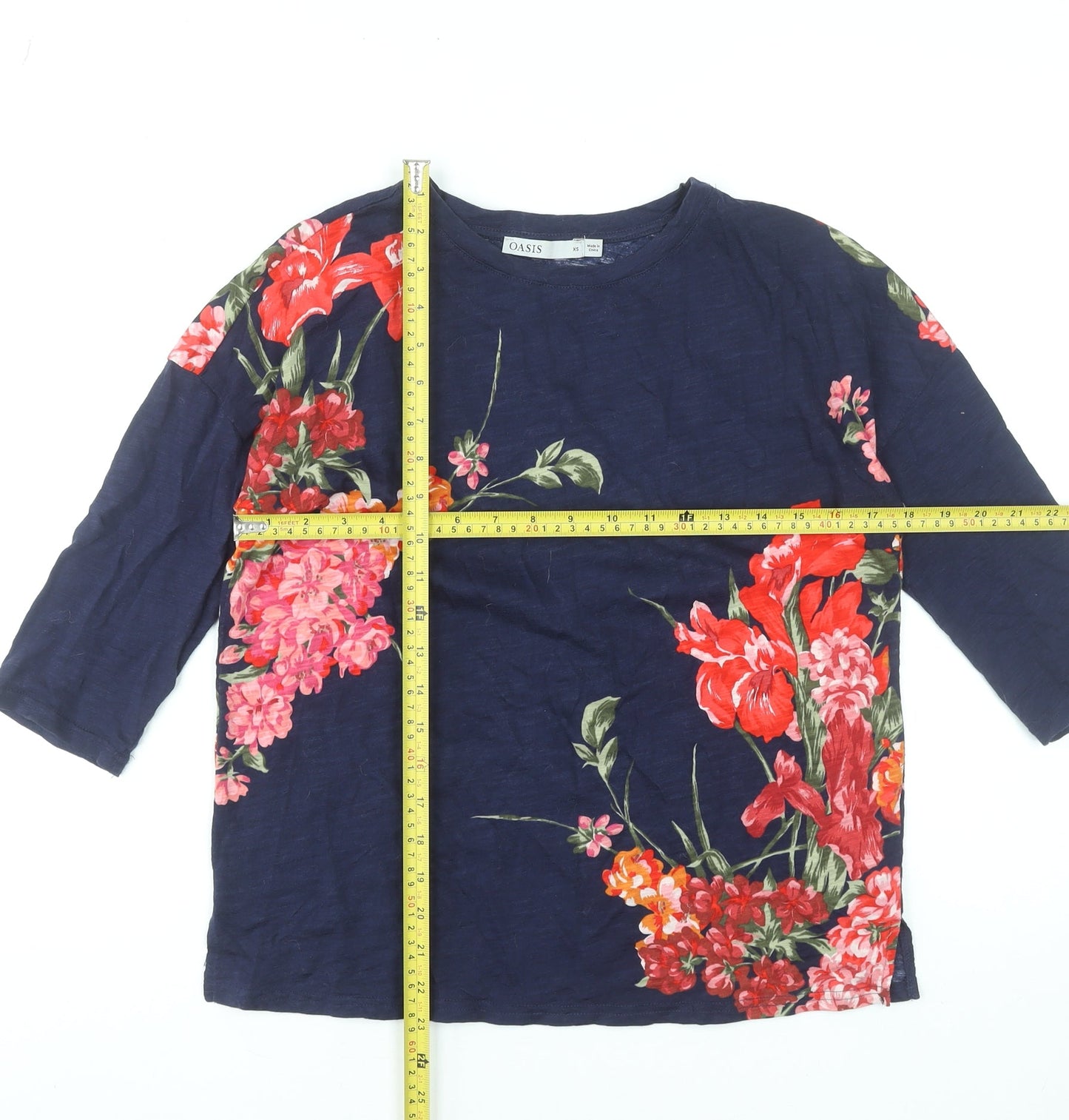 Oasis Women's Navy Floral 3/4 Sleeve Cotton T-Shirt XS