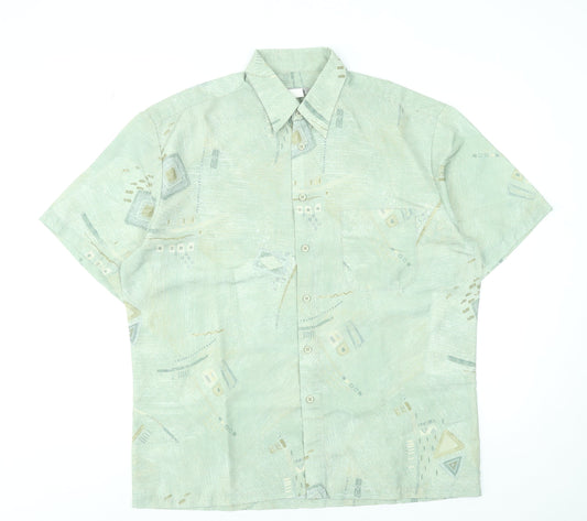 Andros Men's Green Geometric Short Sleeve Button-Up Shirt L