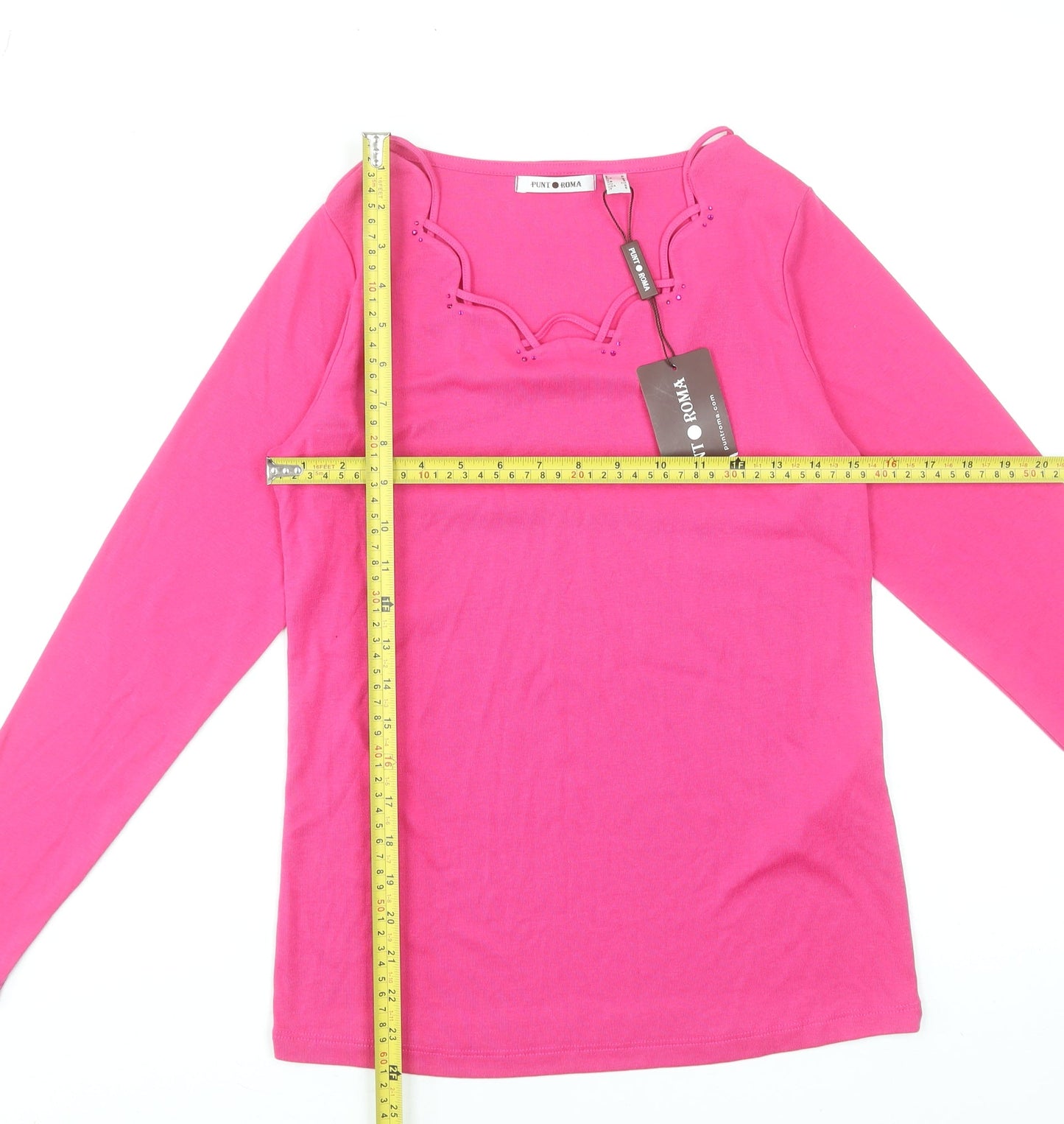 Punto Roma Women’s Pink Long Sleeve Beaded Scoop Neck T-Shirt Size S